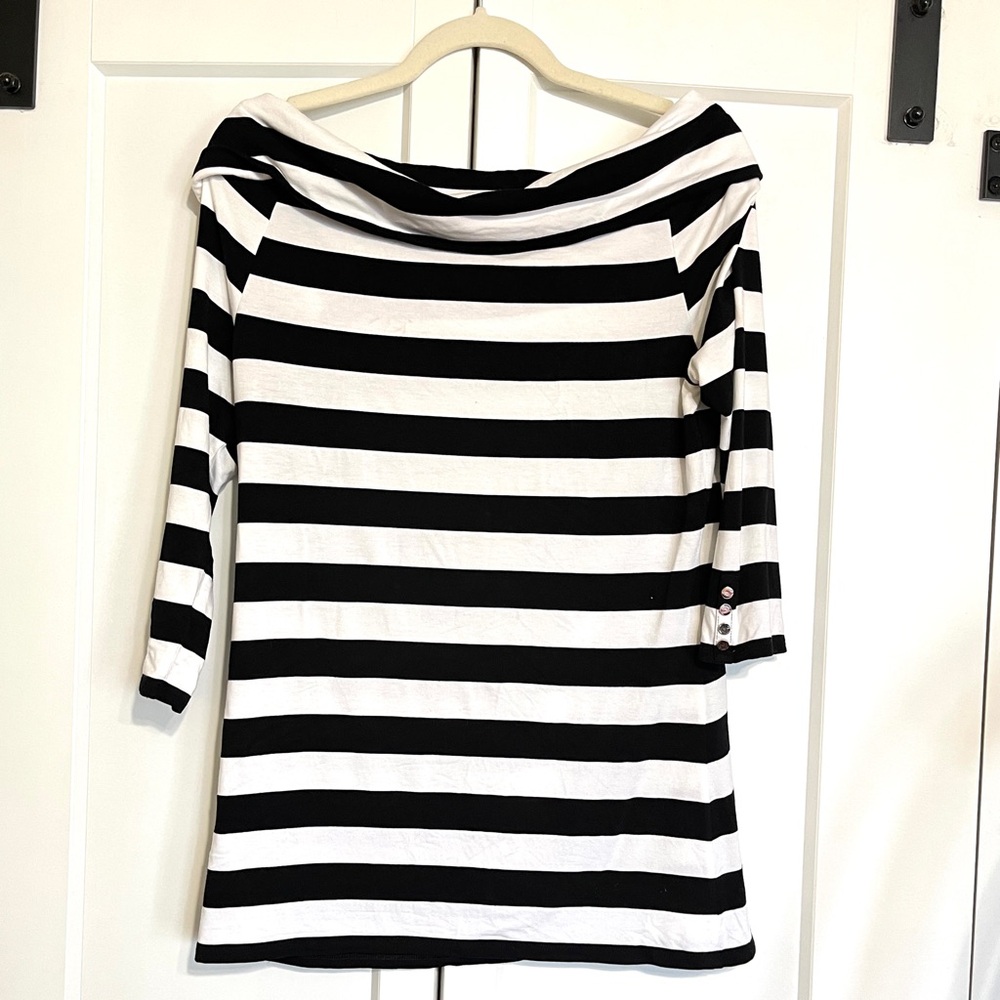 WHBM Off-Shoulder Striped Knit Top – Size Large, Tall-Friendly Fit - Picture 10 of 13